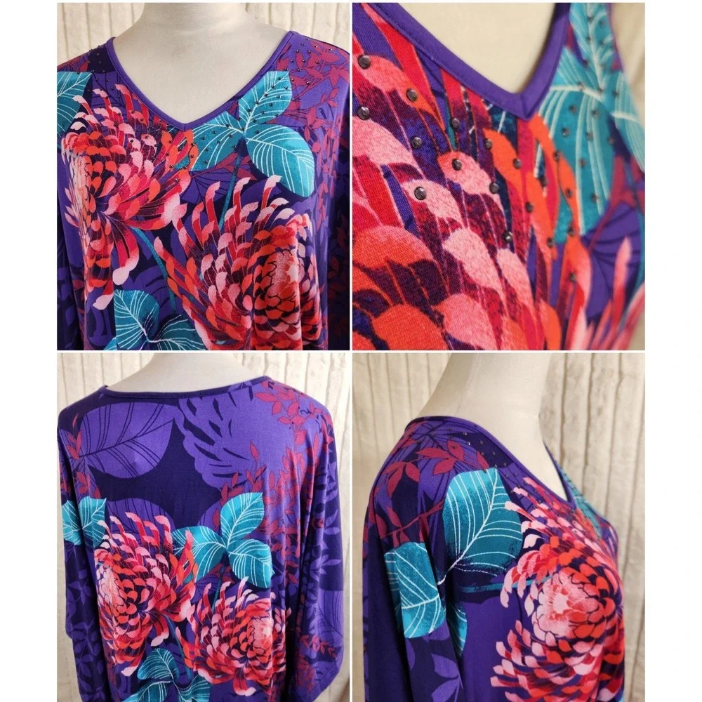 Quacker Factory Jeanne Bice Purple Floral Rhinestone V-Neck Poncho Top Sz XL NWT